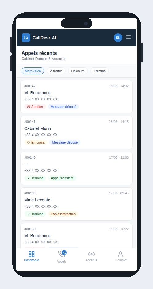 Interface mobile de suivi des appels