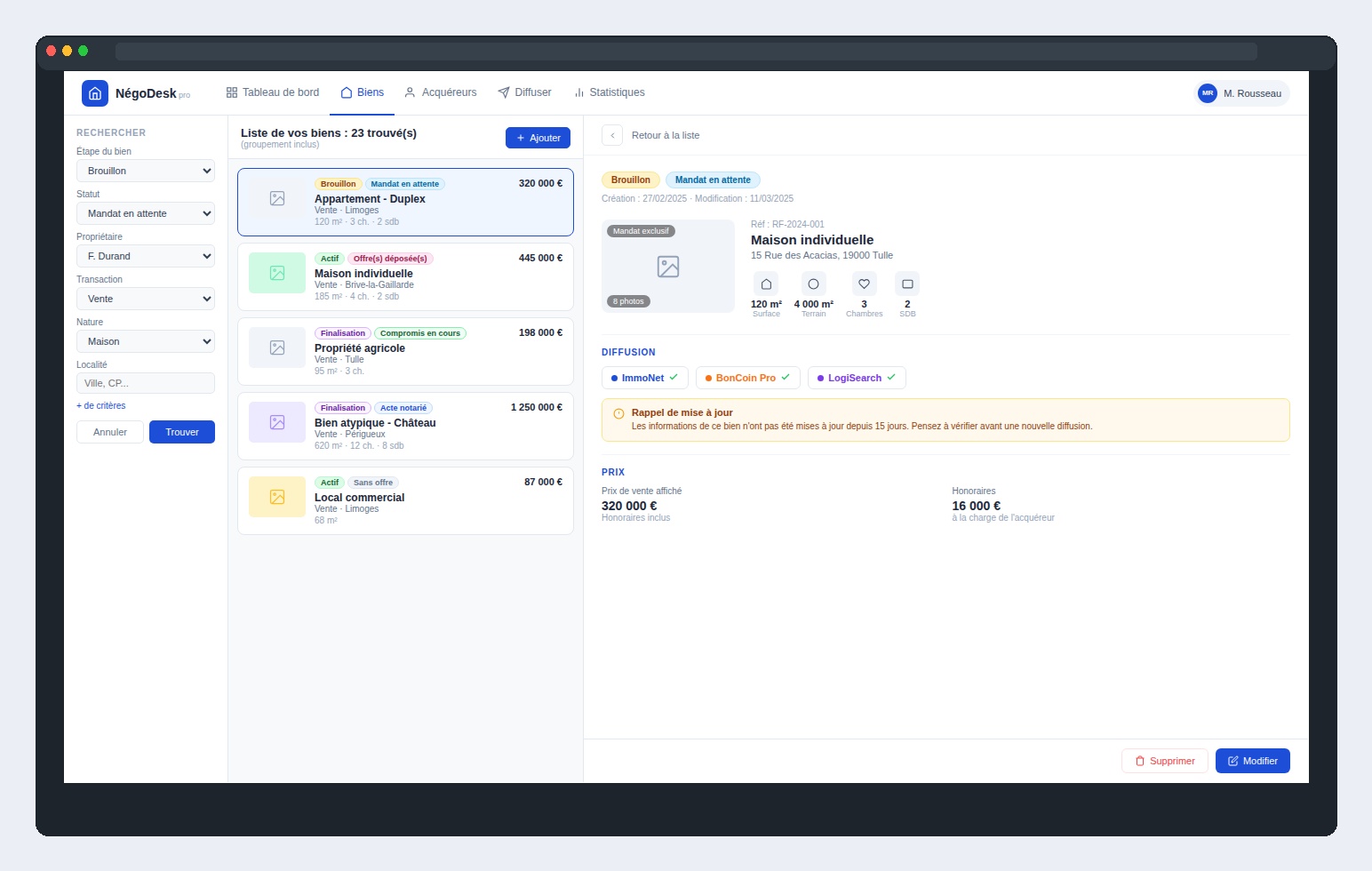 Interface desktop de gestion des biens